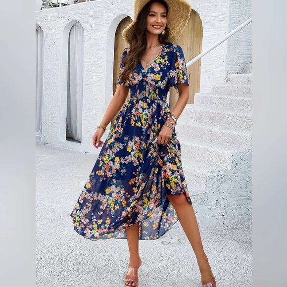 NWOT Floral Navy Maxi Dress with Smocked Waist Medium - Picture 3 of 11